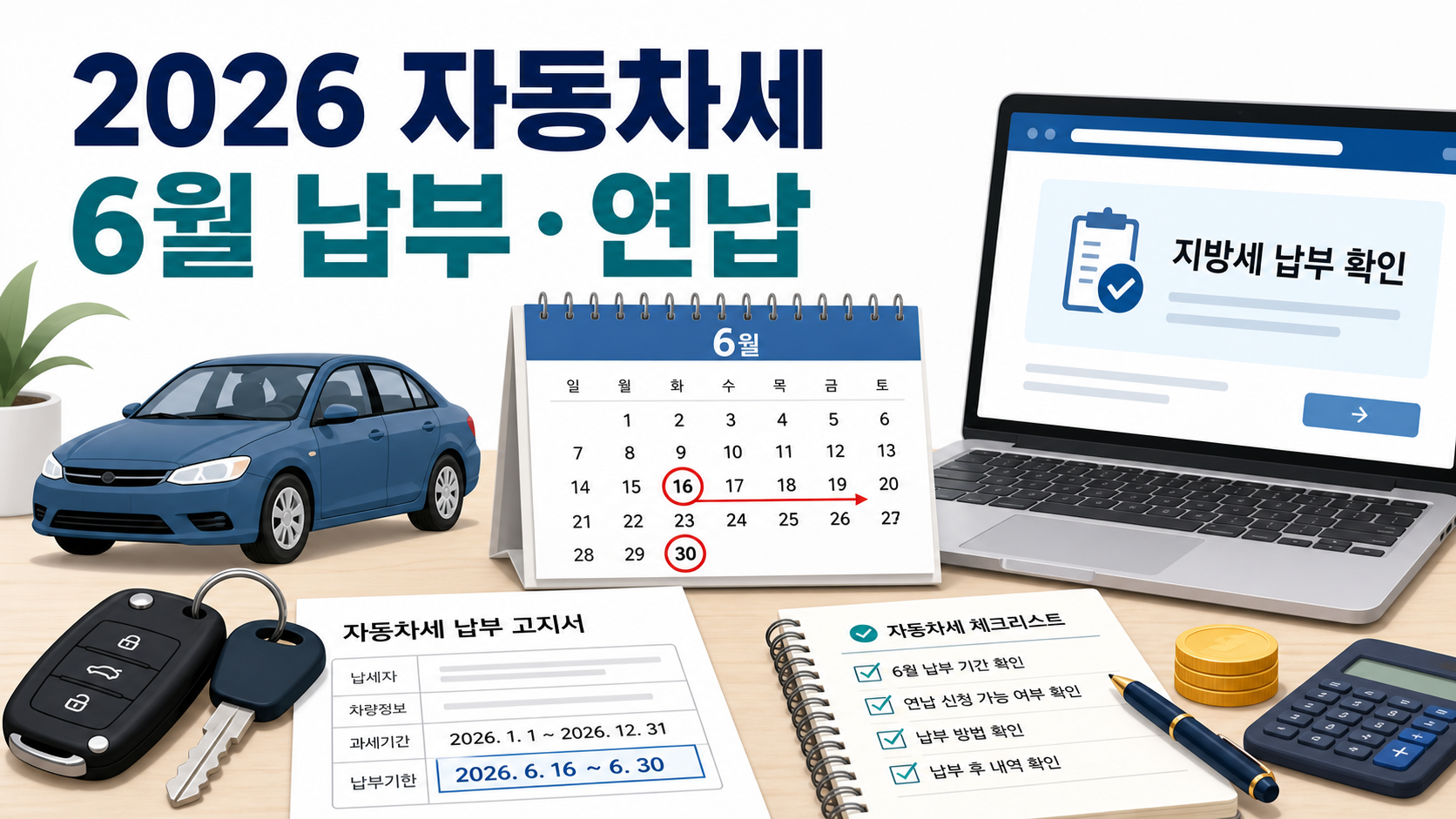 2026 자동차세 6월 납부와 연납 신청 기간을 달력, 차량, 납부 고지서로 정리한 이미지
