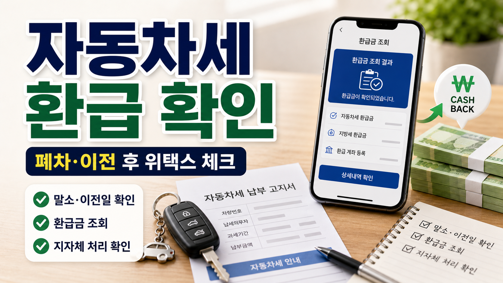 차량을 팔거나 폐차한 뒤 위택스에서 자동차세 환급 여부를 확인하는 장면을 표현한 블로그 대표 이미지