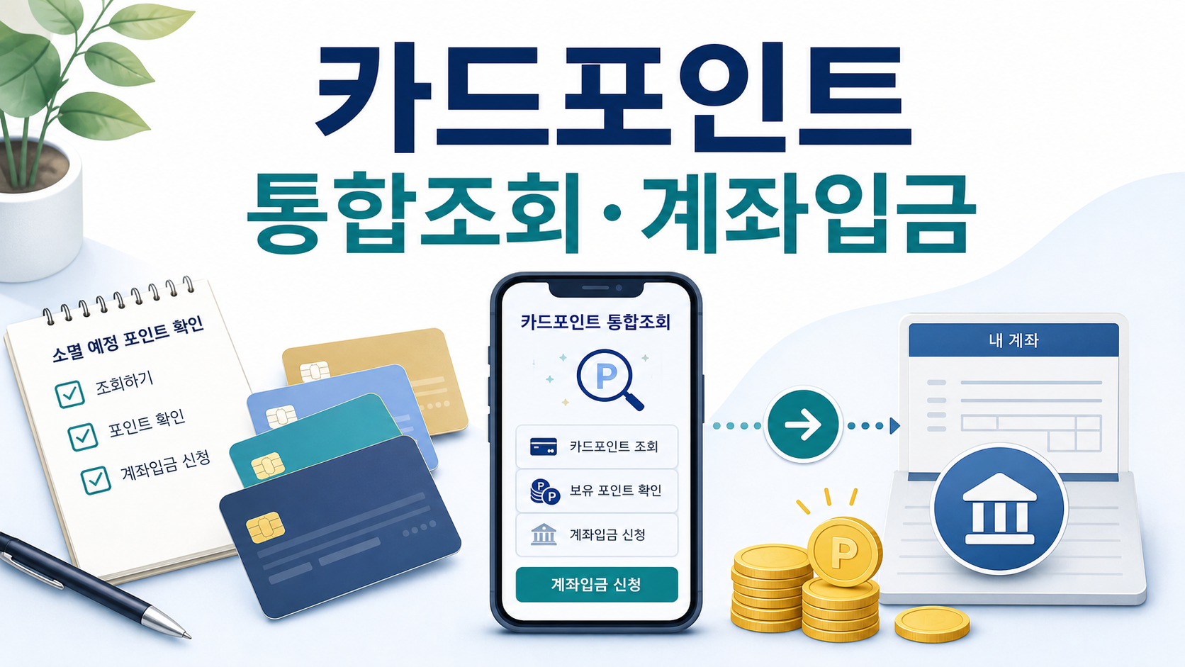 카드포인트 통합조회와 계좌입금 신청, 소멸 예정 포인트 확인 과정을 설명하는 이미지
