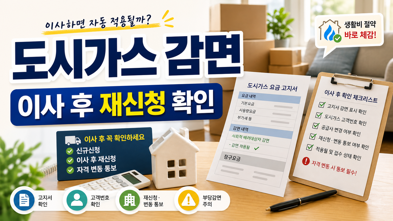 이사 후 도시가스요금 감면 재신청과 고지서 확인 항목을 정리한 대표 이미지