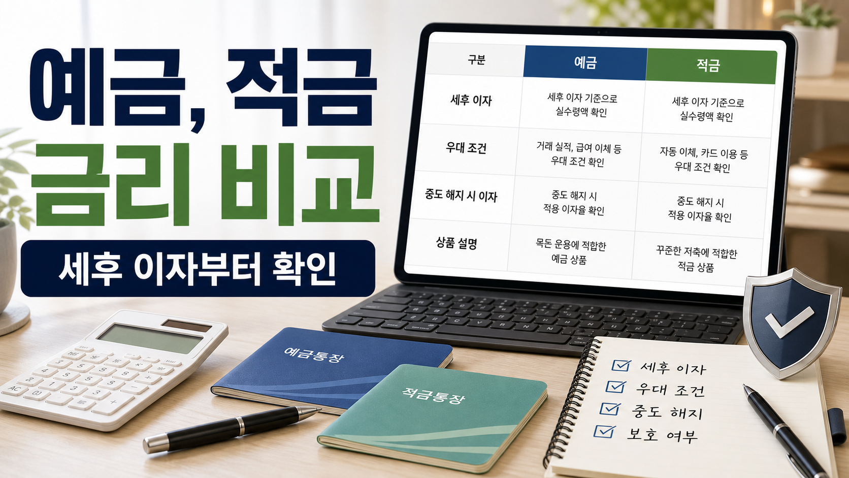 예금과 적금 금리를 세후 이자, 우대 조건, 중도 해지, 보호 여부 기준으로 비교하는 대표 이미지