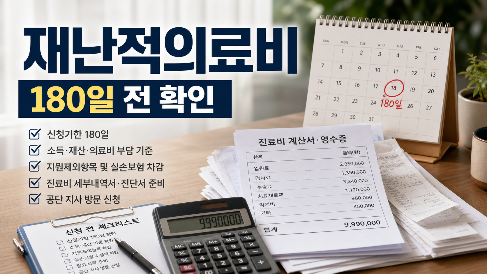 재난적의료비 신청기한과 병원비 지원 기준을 확인하는 체크리스트 이미지