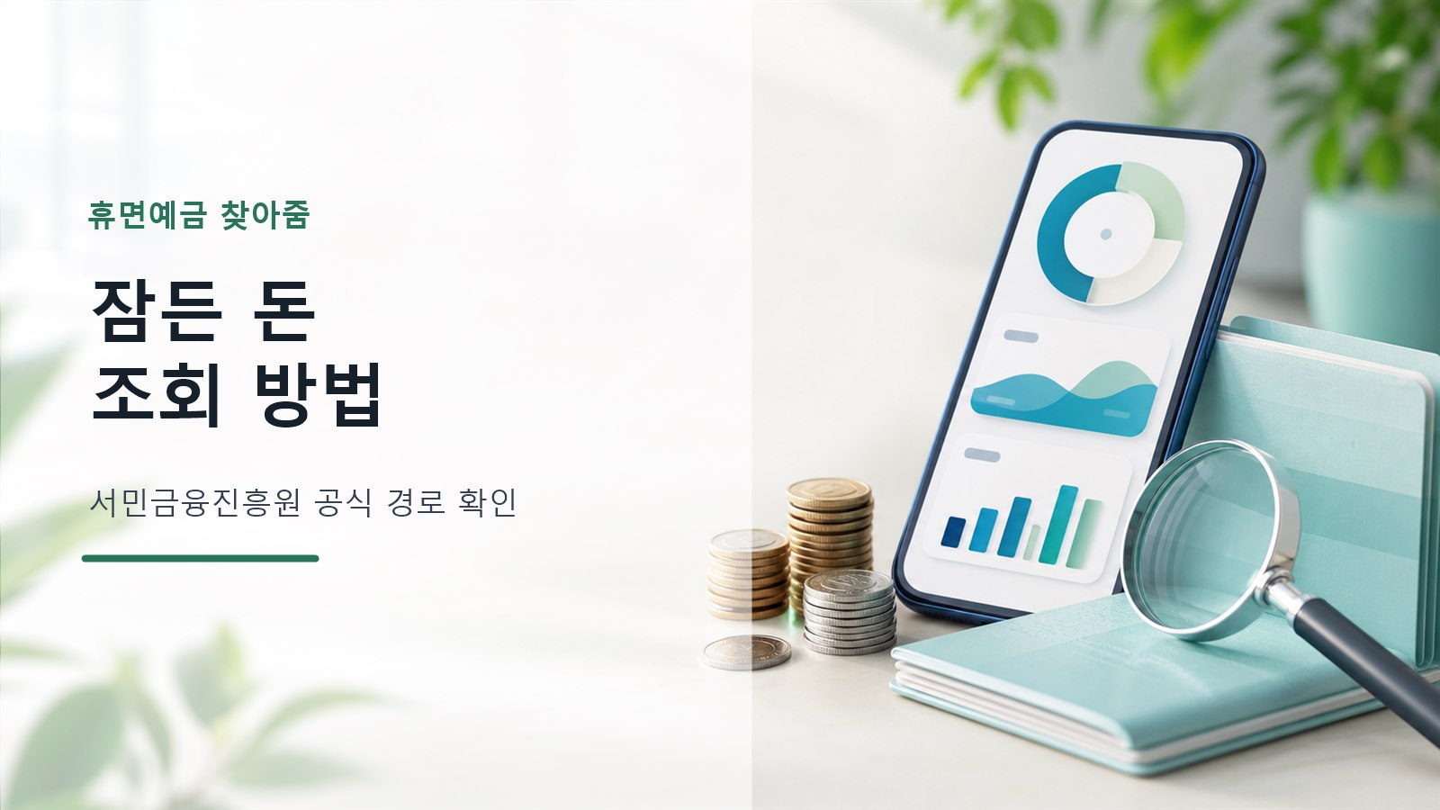 휴면예금 찾아줌 조회와 지급 신청 방법을 설명하는 금융 일러스트 이미지