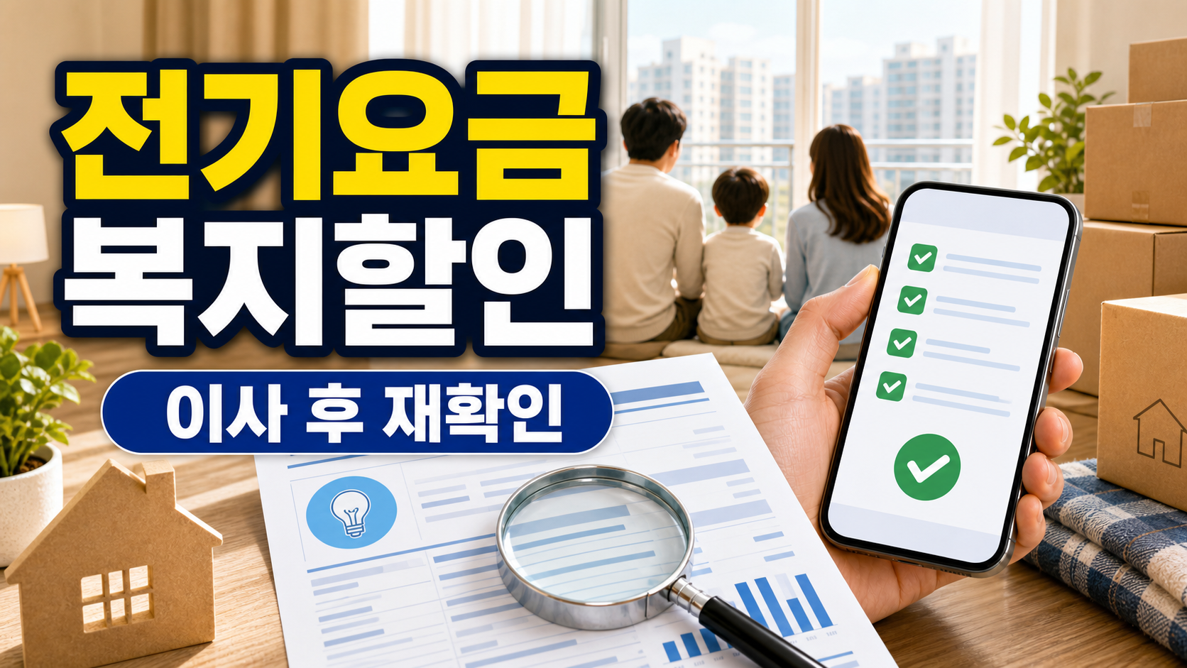 이사 후 전기요금 복지할인 적용 여부와 고객번호 재확인을 설명하는 체크리스트형 이미지