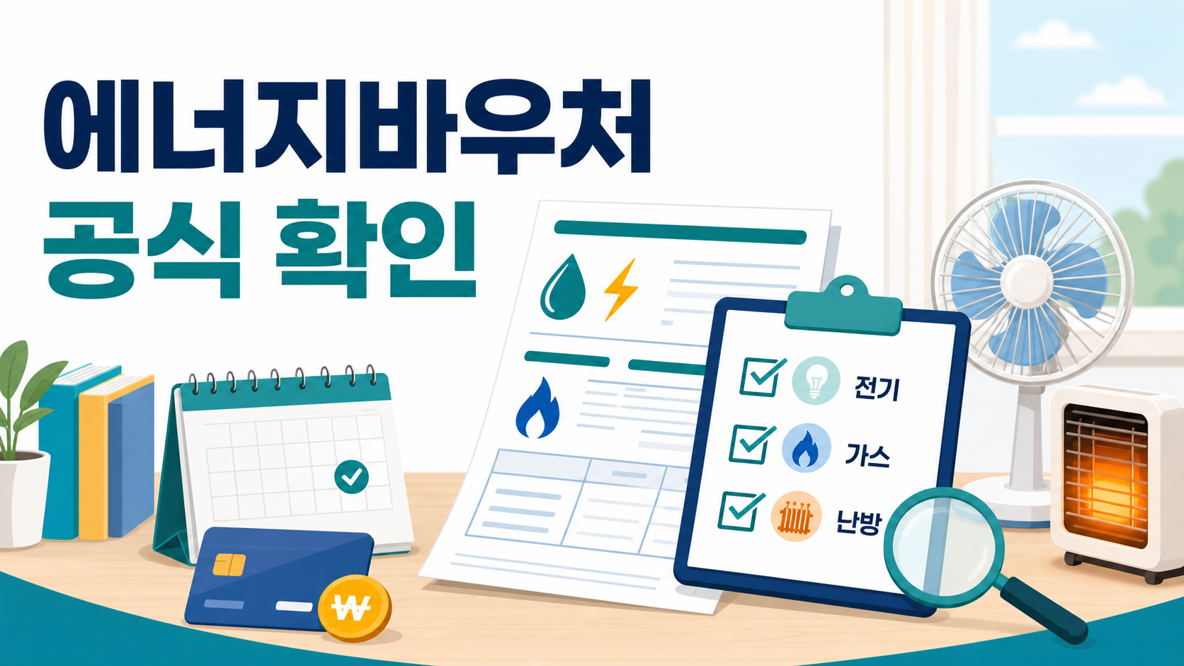 에너지바우처 신청 전 공식 공고와 전기 가스 난방 지원 항목을 확인하는 이미지