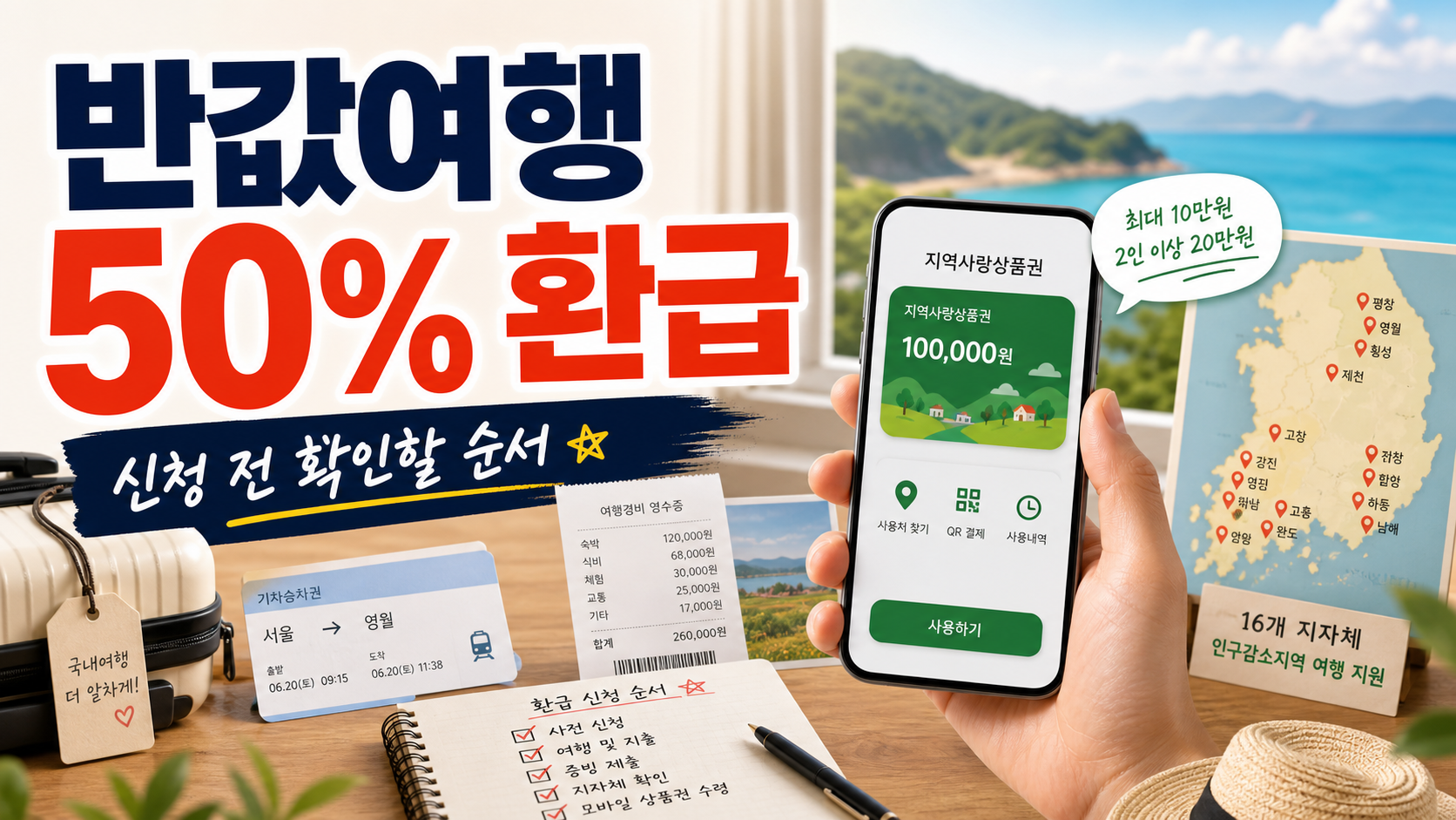 지역사랑 휴가지원 반값여행 환급 신청 순서와 지역사랑상품권 사용처를 정리한 여행비 절약 이미지