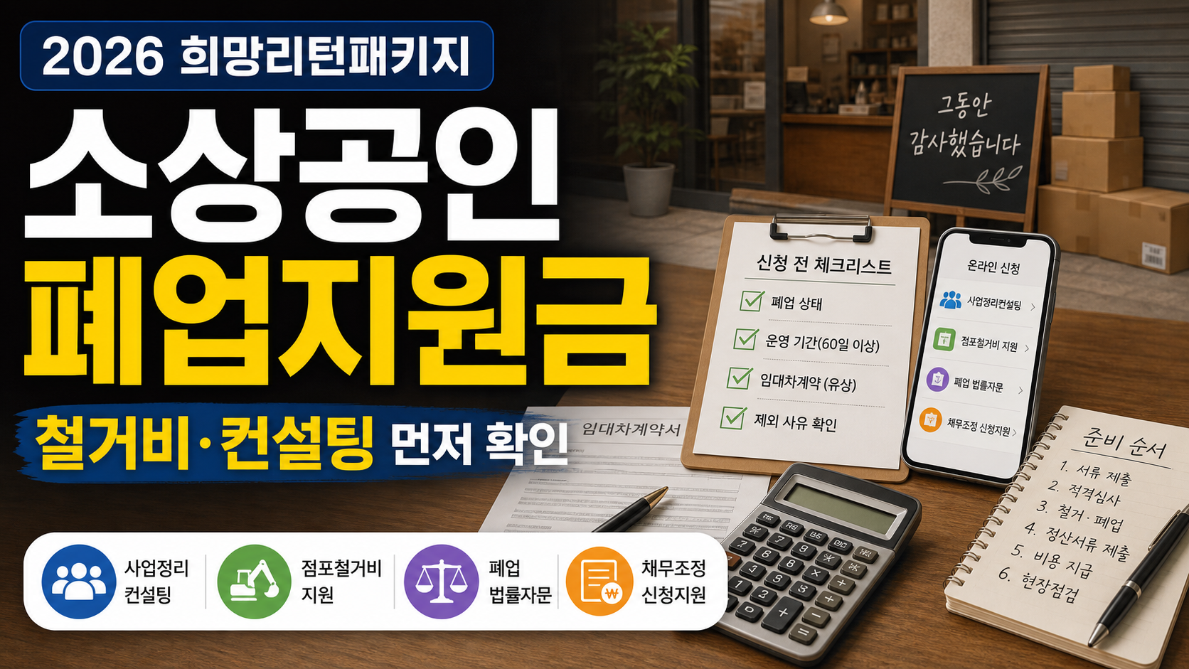 희망리턴패키지 원스톱폐업지원 철거비와 컨설팅 확인 순서를 보여주는 소상공인 폐업지원금 안내 이미지