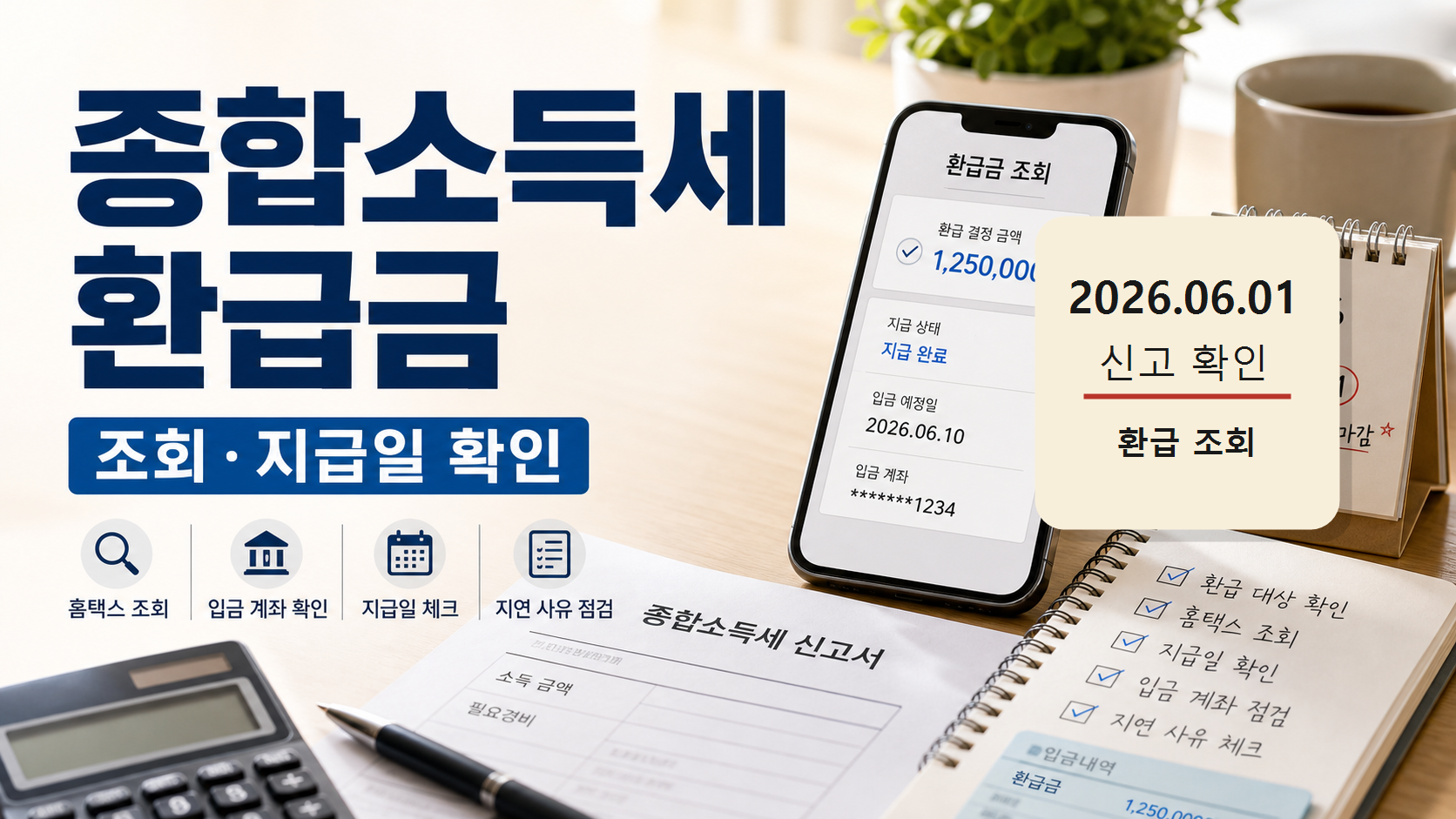 종합소득세 환급금 지급일과 홈택스 조회 항목을 확인하는 책상 위 스마트폰과 세금 서류 이미지