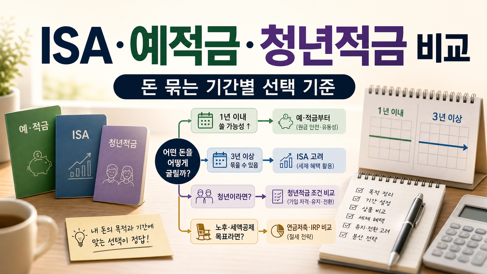 ISA와 예적금, 청년적금을 돈 묶는 기간별로 비교하는 금융 선택 허브 이미지