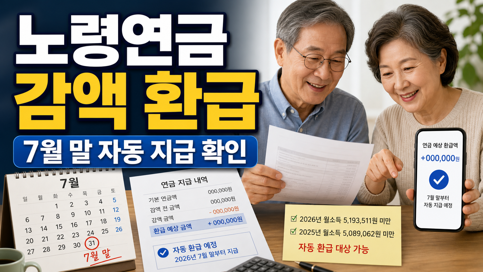 노령연금 감액 환급 기준과 7월 말 자동 지급 확인 항목을 보여주는 이미지