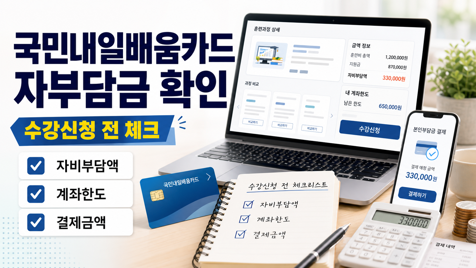 국민내일배움카드 수강신청 전 자부담금과 계좌한도를 확인하는 모습을 표현한 이미지