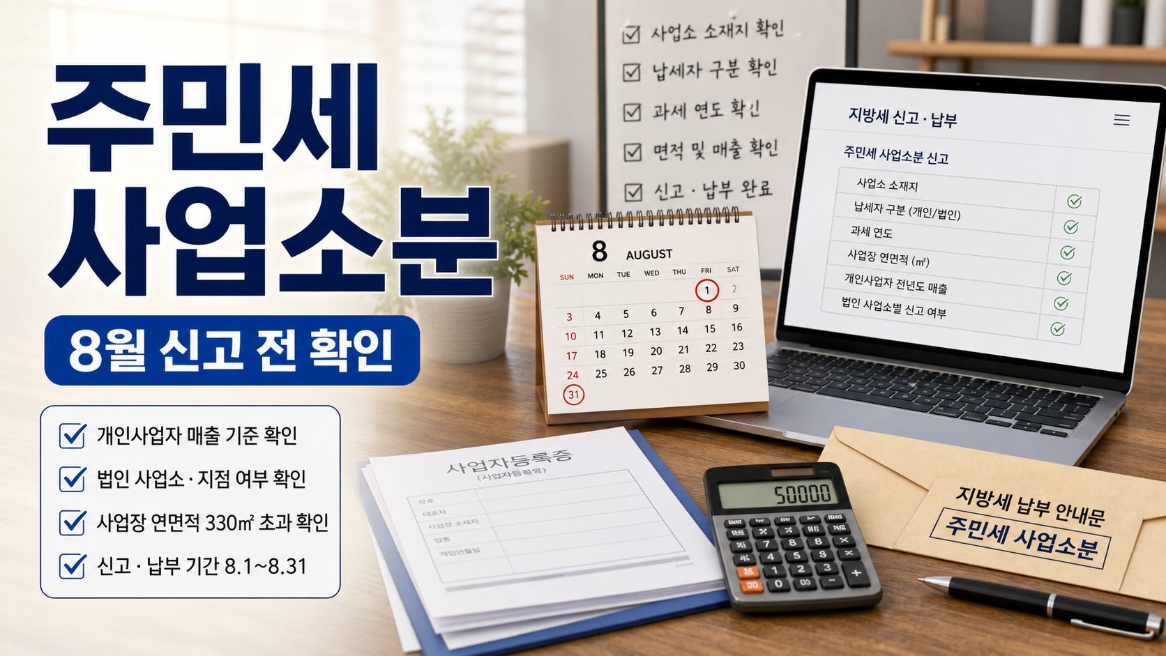 주민세 사업소분 8월 신고 대상과 위택스 납부 순서를 정리한 이미지