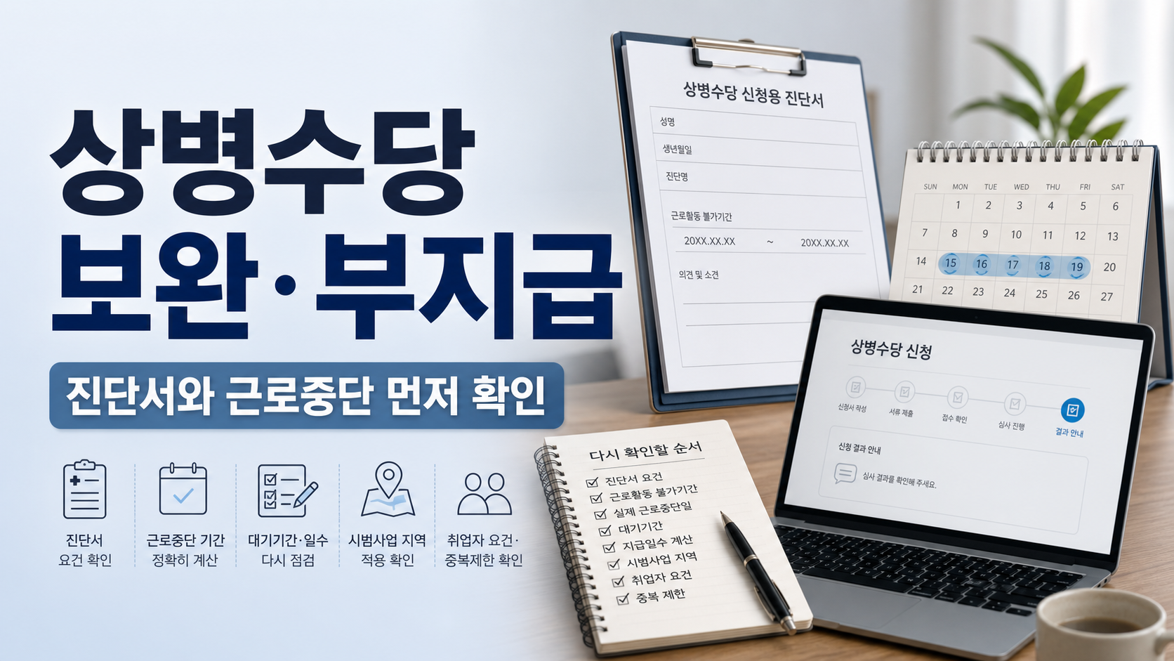 상병수당 보완 요청과 부지급 결과를 받은 사람이 진단서와 근로중단 요건을 다시 확인하는 상황을 표현한 이미지
