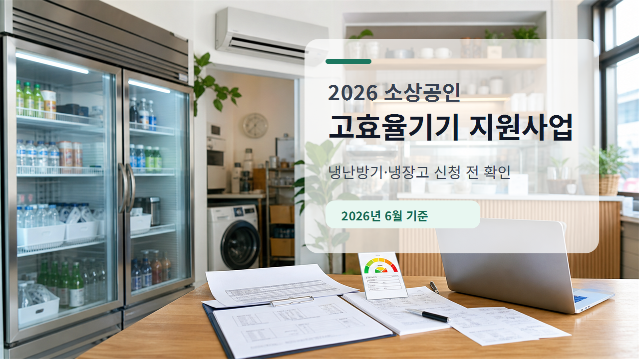 소형 매장 안의 냉장고와 냉난방기, 사업자 서류와 영수증을 배치한 2026 소상공인 고효율기기 지원사업 안내 이미지