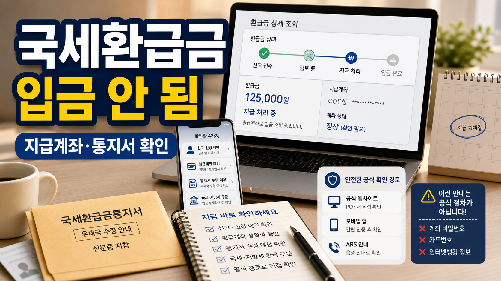 국세환급금이 입금되지 않을 때 홈택스 지급계좌와 통지서 수령 경로를 확인하는 장면