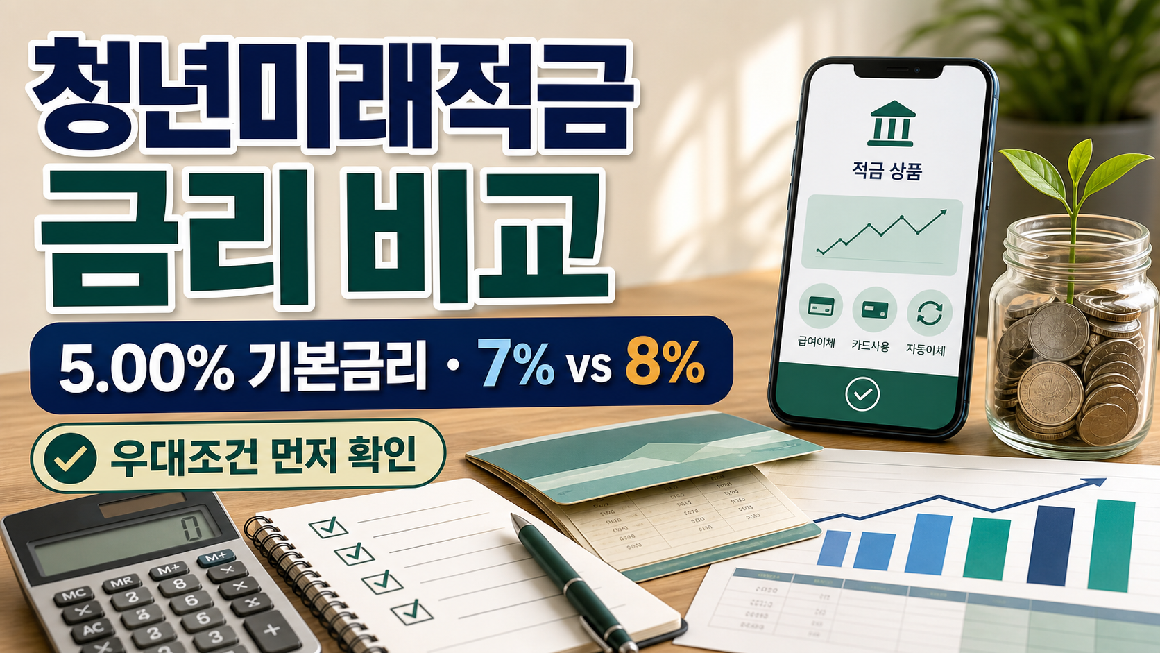 청년미래적금 은행별 금리 비교와 5.00% 기본금리, 7%와 8% 우대조건 확인을 안내하는 금융선택가이드 이미지