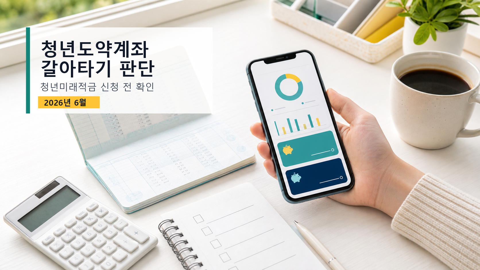 스마트폰 금융앱과 통장, 계산기, 체크리스트가 놓인 책상 위에 청년도약계좌 갈아타기 판단 문구를 넣은 이미지