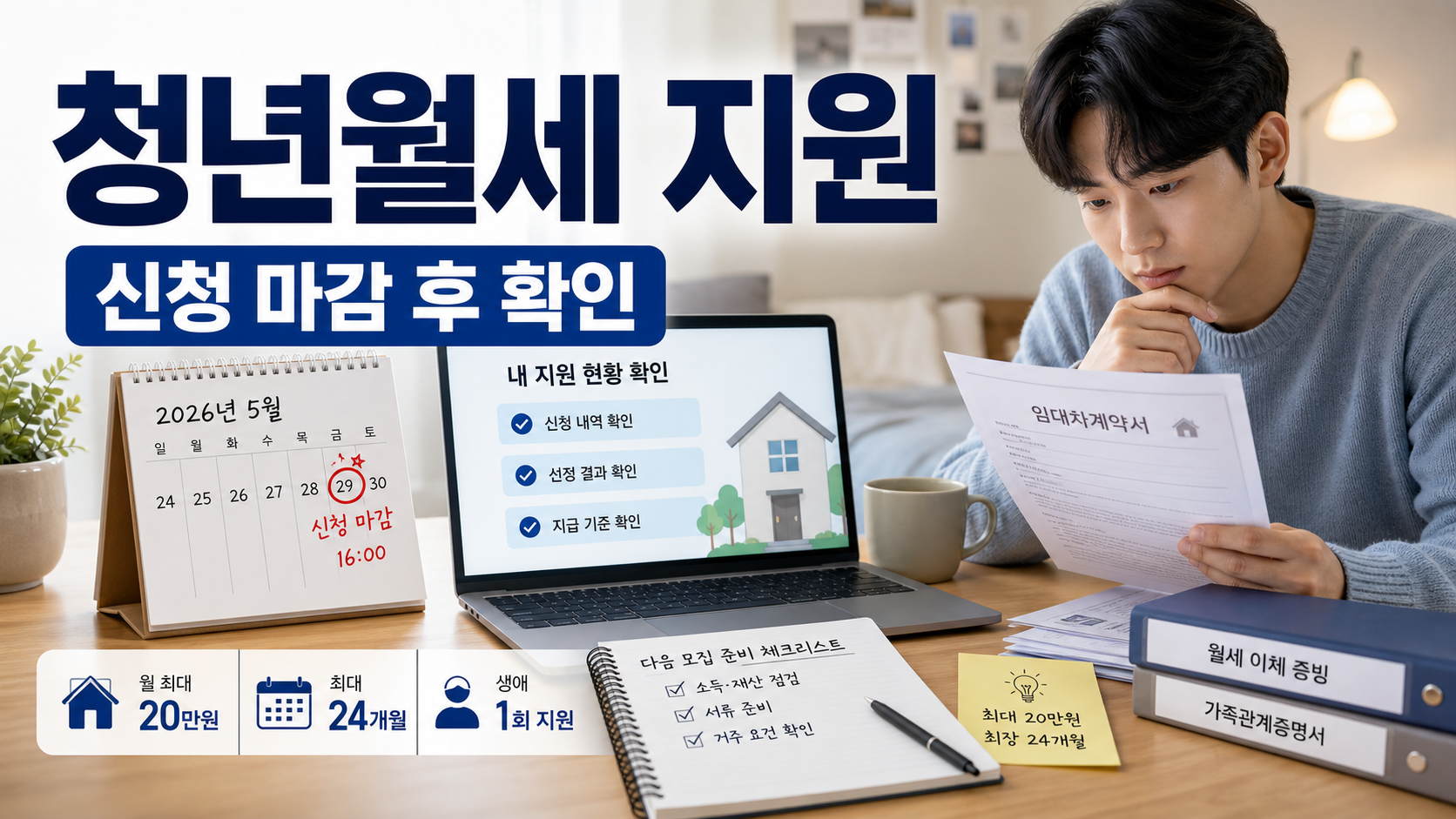 청년이 월세 계약서와 달력, 노트북 화면을 보며 2026 청년월세 지원 선정 결과와 다음 모집 준비 항목을 확인하는 이미지