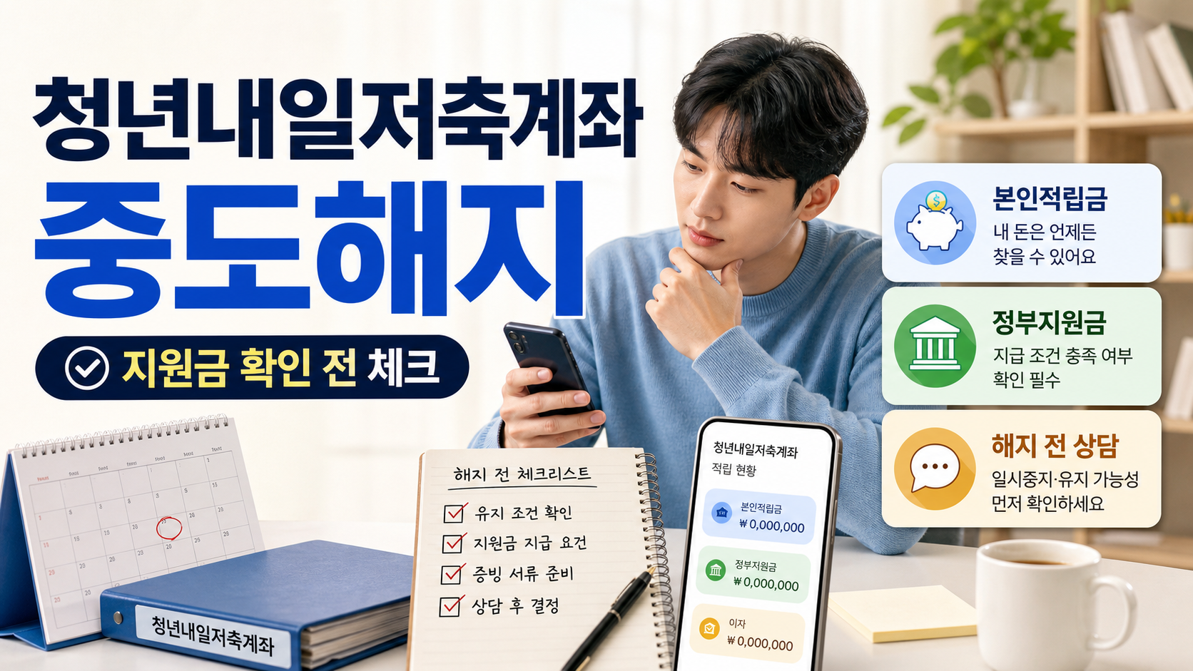 청년내일저축계좌 중도해지 전 본인적립금, 정부지원금, 해지 유형, 상담 순서를 확인하는 체크리스트 이미지