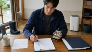 침수 흔적이 남은 집에서 피해사진과 신고 체크리스트, 보험 서류를 나눠 정리하는 사람