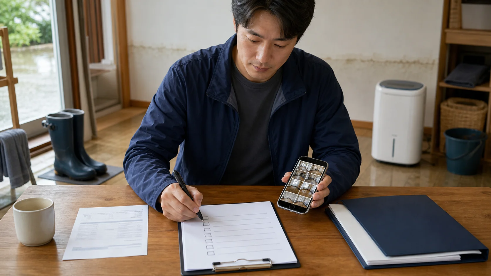 침수 흔적이 남은 집에서 피해사진과 신고 체크리스트, 보험 서류를 나눠 정리하는 사람