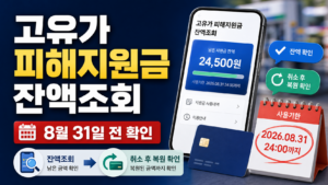 고유가 피해지원금 잔액조회와 8월 31일 사용기한 및 결제 취소 복원을 안내하는 이미지