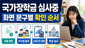 국가장학금 심사중 화면에서 서류 확인, 가구원 동의, 소득구간 산정, 학교 심사 순서를 보는 대학생