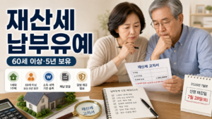 재산세 고지서와 7월 28일 신청 마감일을 확인하며 주택 재산세 납부유예 조건을 검토하는 부부
