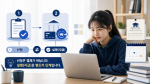노트북을 보는 대학생 옆에 학자금대출 신청과 실행이 별도 단계임을 보여주는 안내 이미지