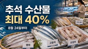 2026 추석 수산물 최대 40% 할인과 8월 24일 시작을 명태·고등어·오징어 장보기 장면으로 표현한 이미지