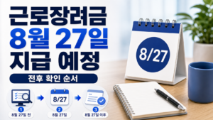 근로장려금 8월 27일 지급 예정 전후 확인 순서를 8월 27일 전, 당일, 이후로 나눠 표현한 이미지
