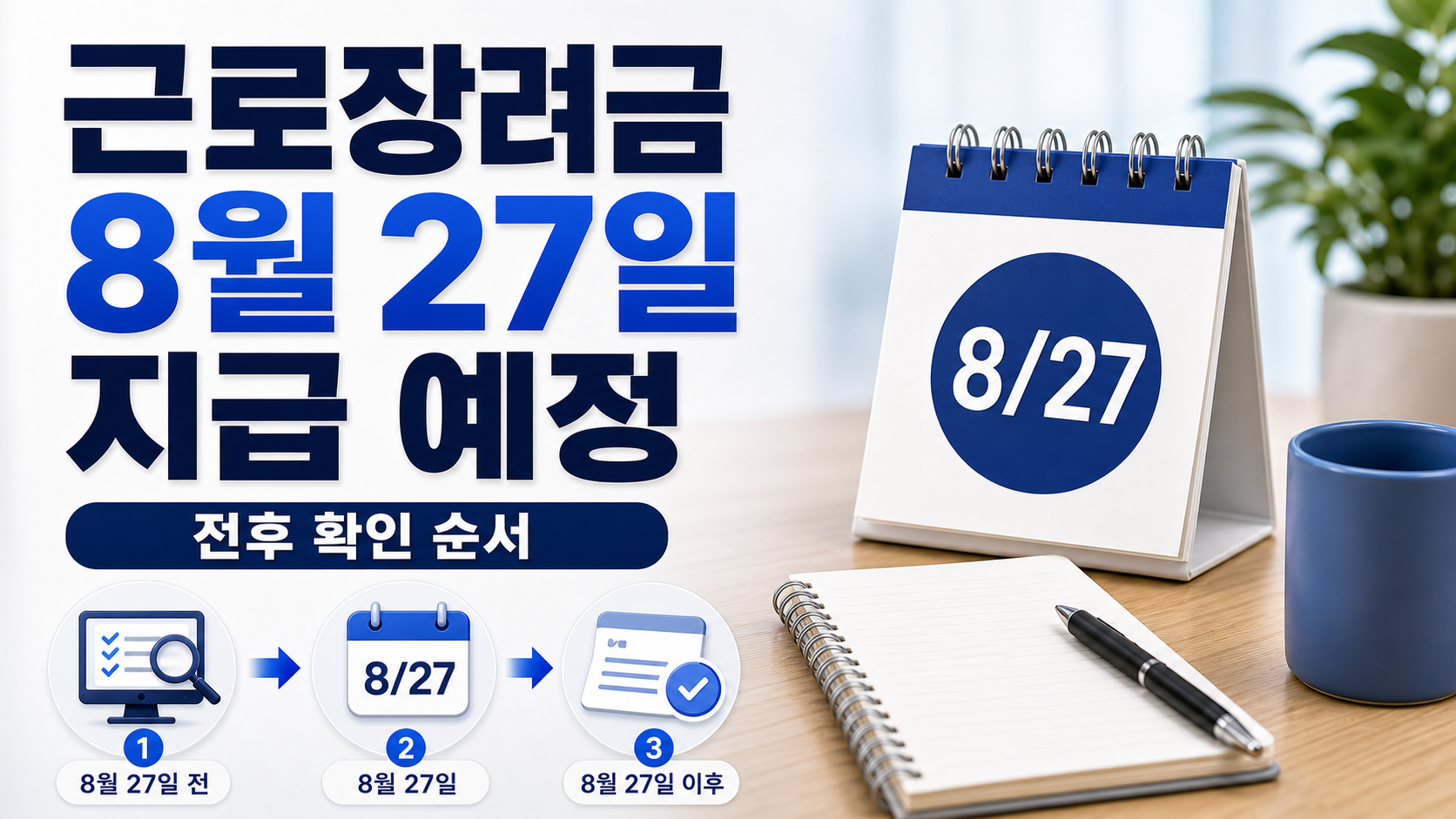 근로장려금 8월 27일 지급 예정 전후 확인 순서를 8월 27일 전, 당일, 이후로 나눠 표현한 이미지