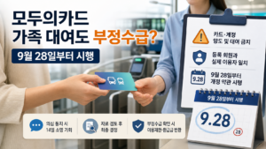 모두의카드를 다른 사람에게 건네는 장면과 9월 28일 개정 약관 시행일을 안내하는 대표 이미지