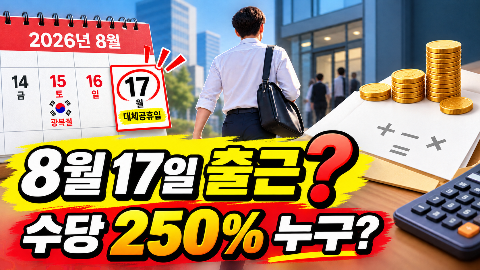 8월 17일 광복절 대체공휴일 출근 전 5인 이상 여부와 월급제·시급제 수당 차이를 확인하는 이미지