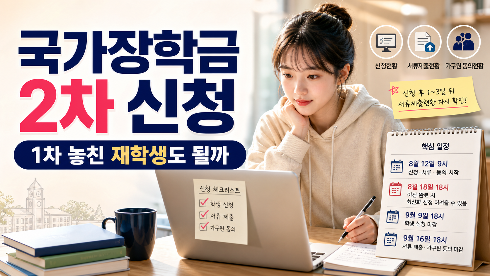 노트북 앞 대학생과 국가장학금 2차 신청 일정, 신청현황·서류제출현황·가구원 동의현황을 정리한 이미지