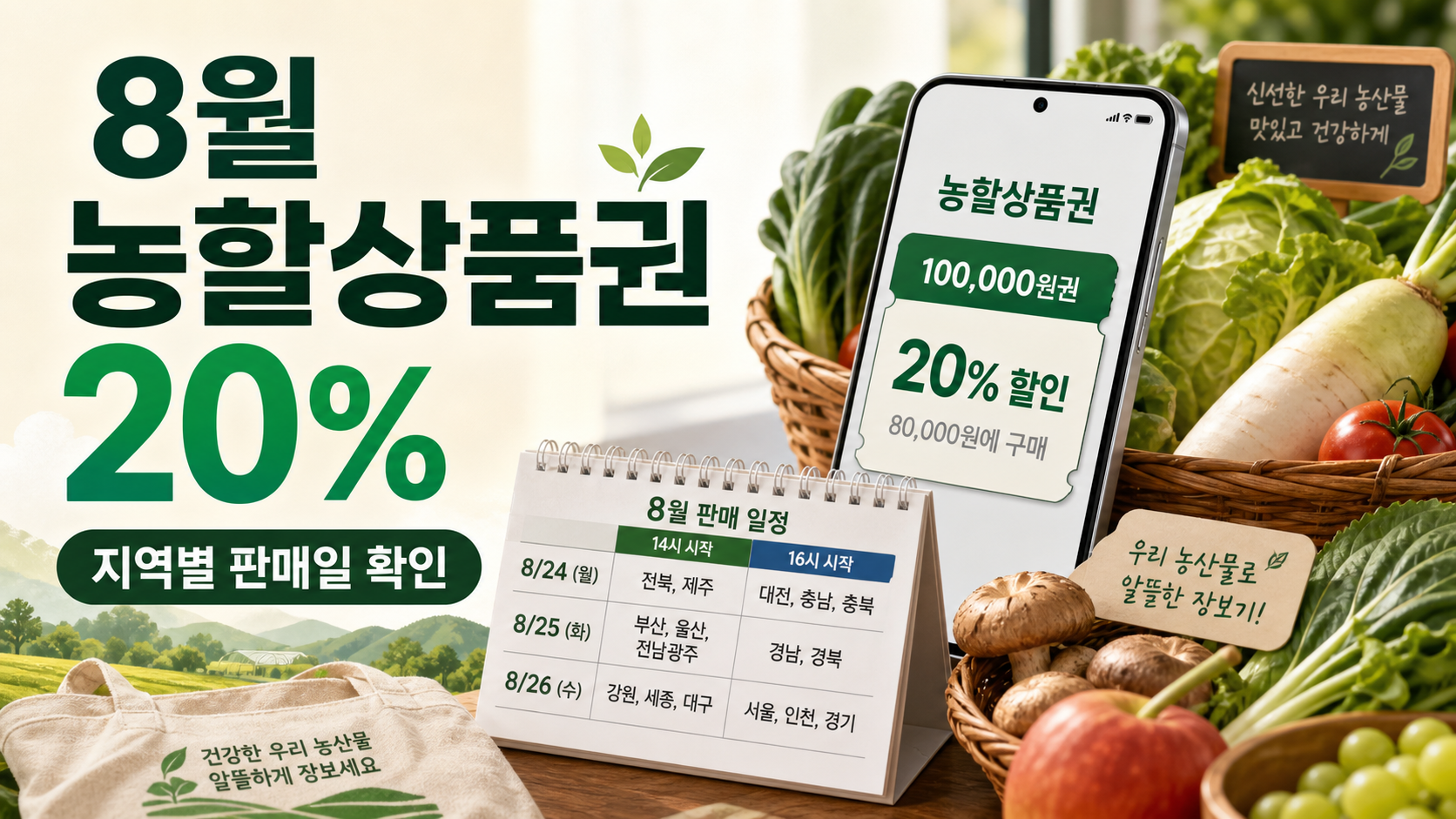 8월 농할상품권 20% 할인과 지역별 24·25·26일 판매 일정을 농산물 바구니와 모바일상품권으로 표현한 이미지