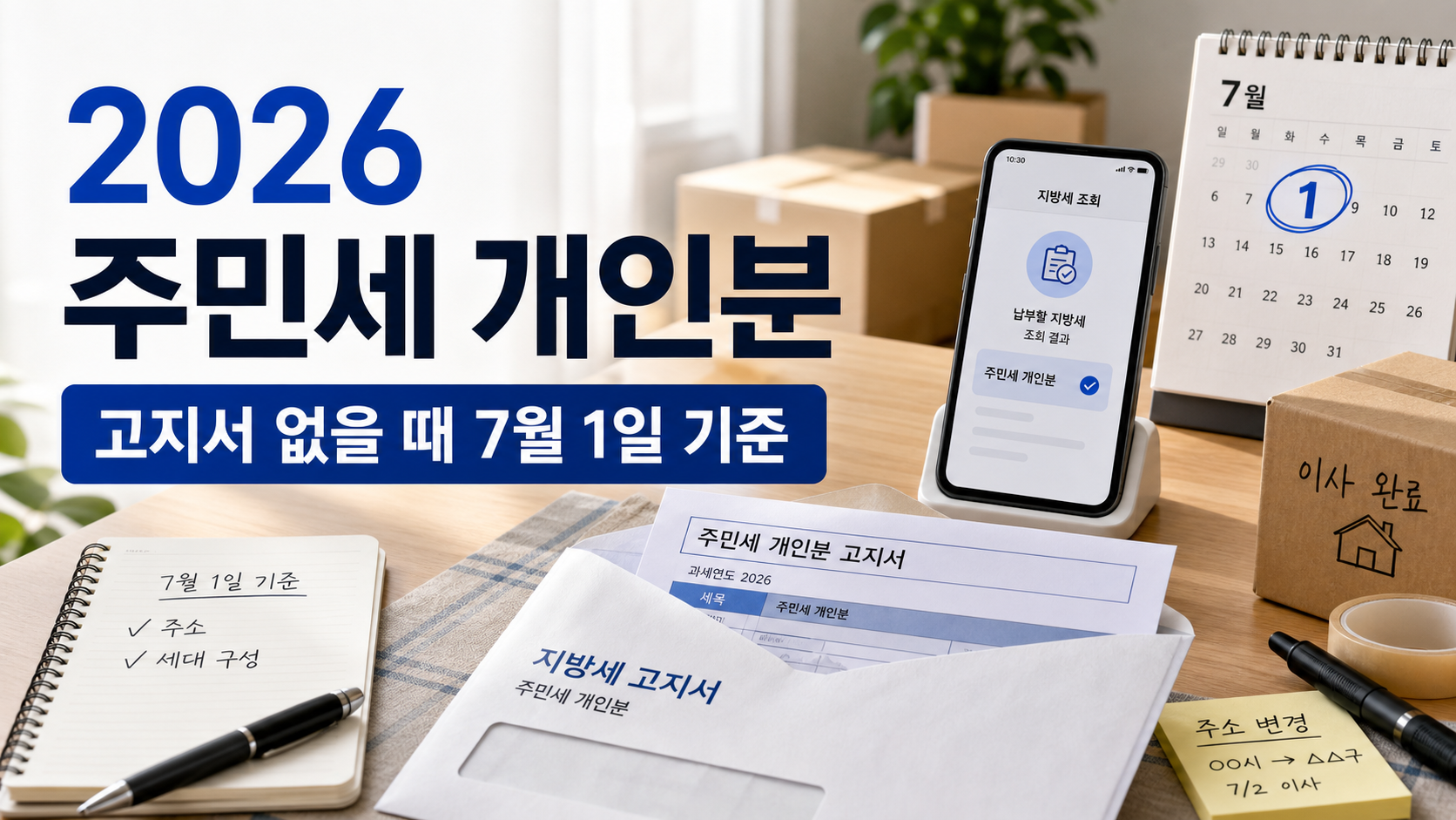 이사 상자와 7월 1일 달력, 주민세 개인분 고지서와 지방세 조회 화면을 배치한 2026 주민세 개인분 안내 이미지