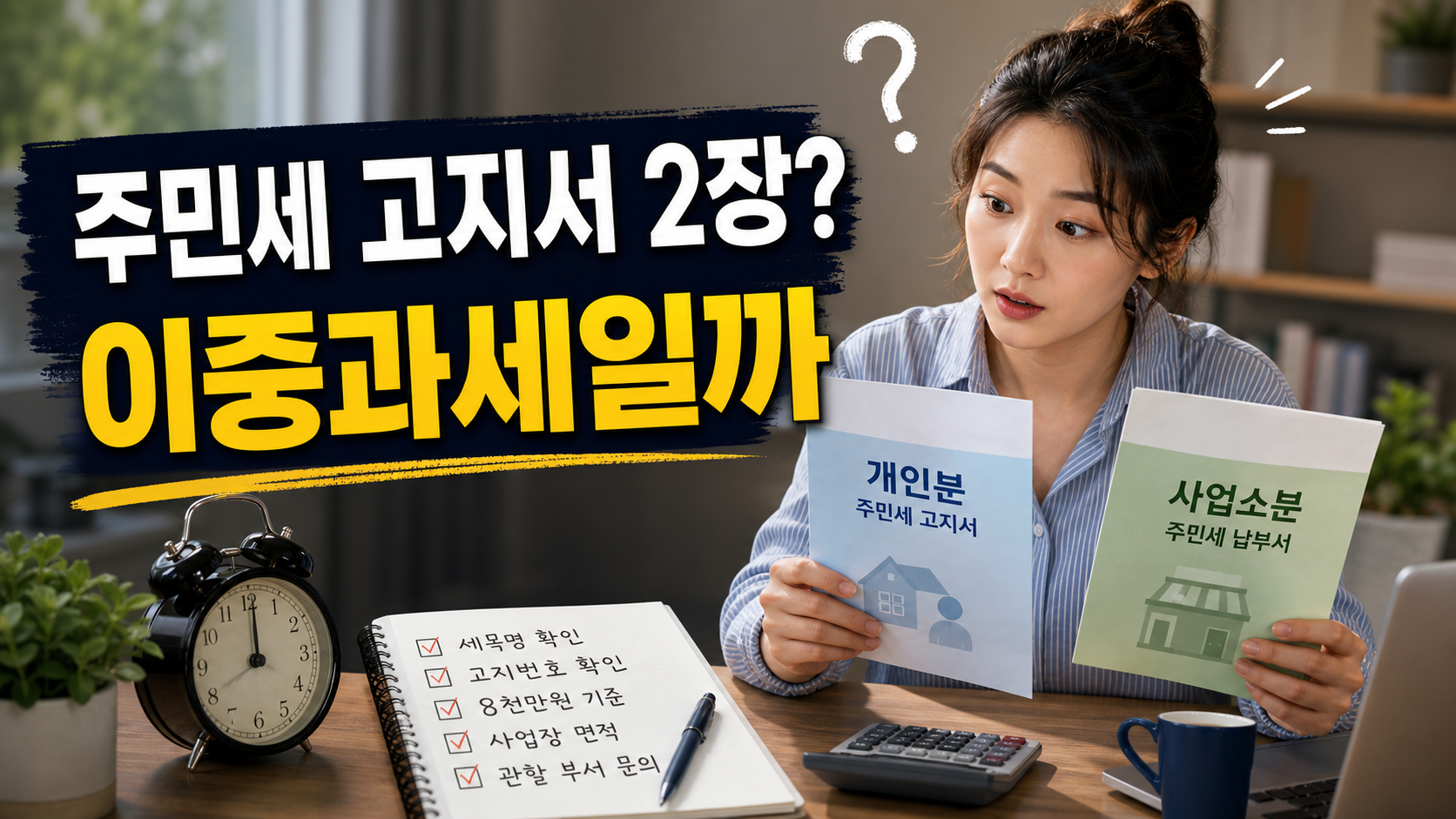 주민세 개인분 고지서와 사업소분 납부서를 나란히 놓고 이중과세 여부를 확인하는 개인사업자 이미지