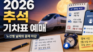추석 열차와 달력, 통합회원 로그인 화면으로 2026 추석 기차표 예매일과 결제 마감을 안내한 이미지