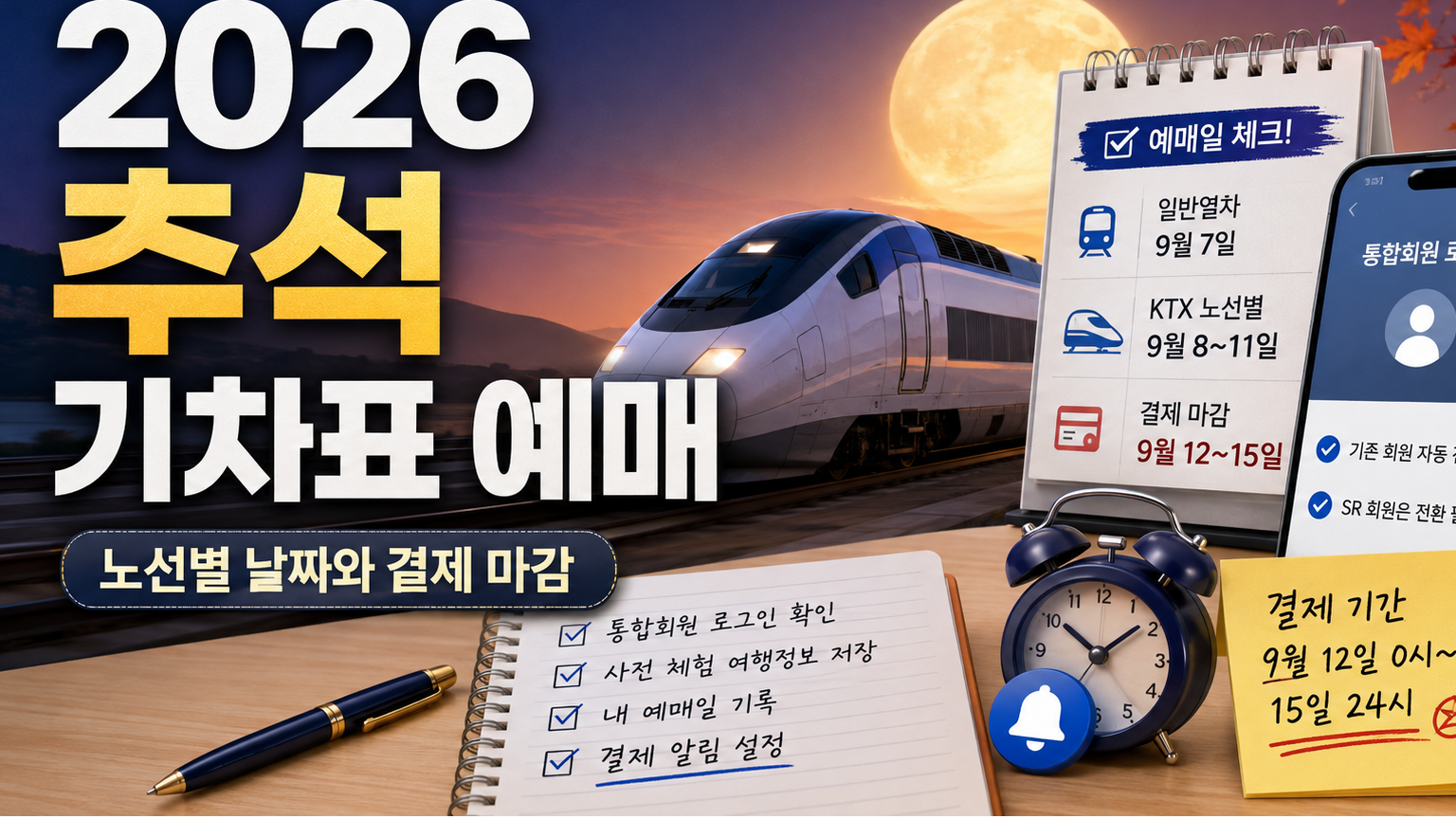 추석 열차와 달력, 통합회원 로그인 화면으로 2026 추석 기차표 예매일과 결제 마감을 안내한 이미지